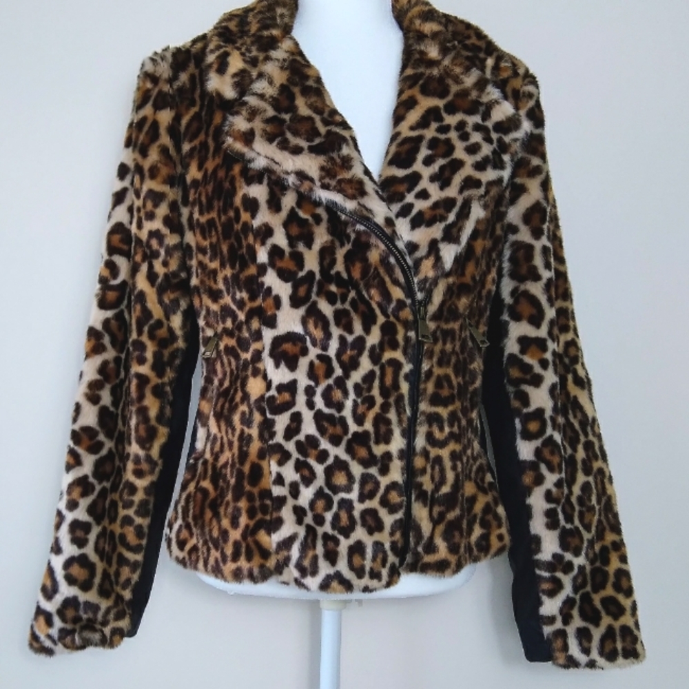 New York & Company Leopard Fur Coat Zipper Lapel Biker Jacket M